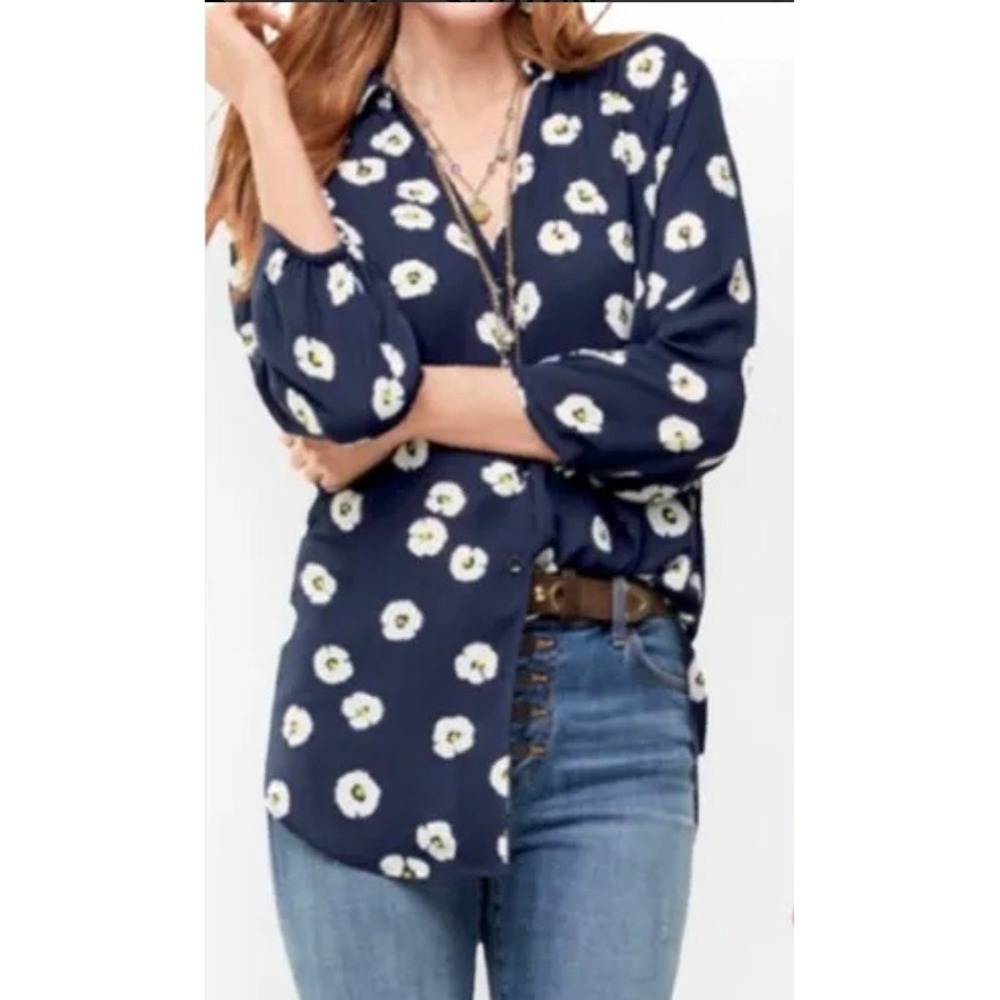 Cabi Navy Blue White Poppy Floral Button Front Blouse 3/4 Sleeve XS‎ Office Mod